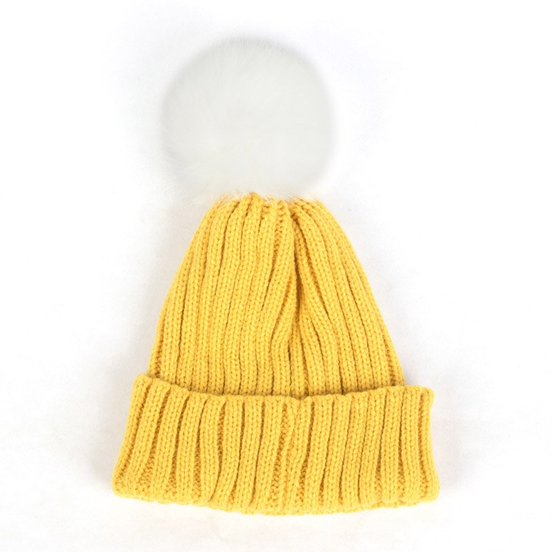 Geebro Lue for Barn - Koselig Strikket Lue med Pompon - Vinter Høst - Unisex: Gul hvit