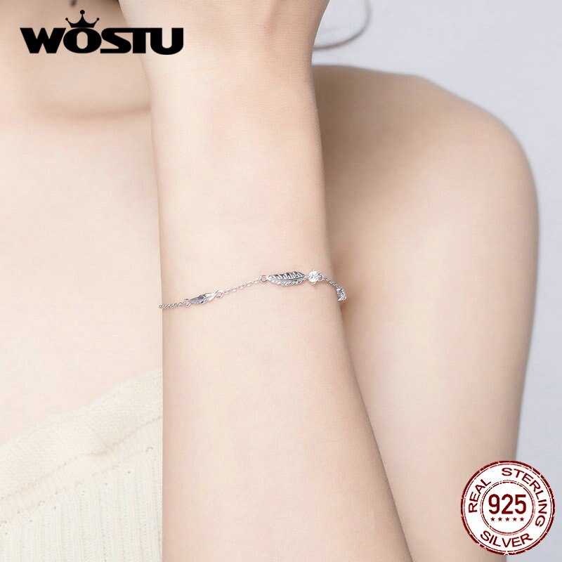 WOSTU European Style Feather Bracelets 925 Sterling Silver CZ Stone Chain Link For Women Wedding Party Silver 925 Jewelry CQB133