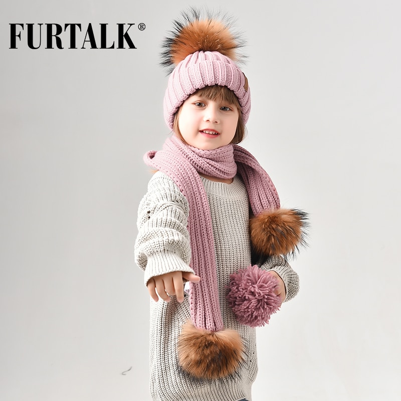FURTALK Winter Kinderen Hoed Beanie Echte Wasbeer Bont Pompom Hoed en Sjaal Meisjes Bont Hoeden Jongens Caps Sjaals HTWL029