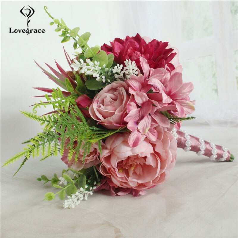 Lovegrace brude bryllup bukett brudepike haug med blomster bryllup forsyninger kunstig silke rose dahlia champagne festdekor