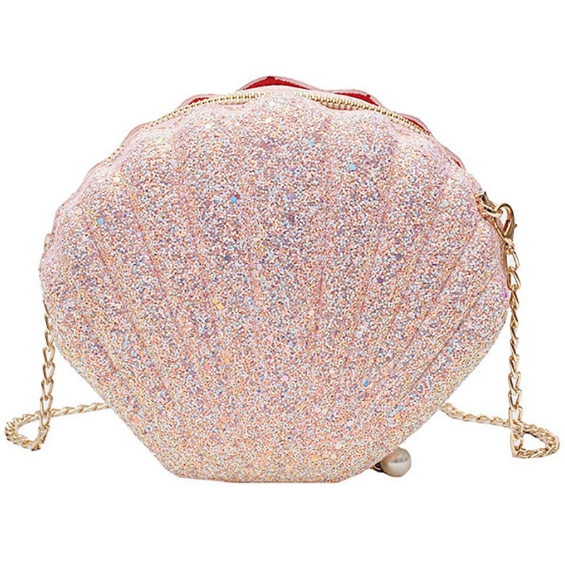 2Pcs Women Girls Little Mermaid Seashell Purse Cross-Body Shoulder Bags Glitter Sequins Chain Evening Purse, Pink & White