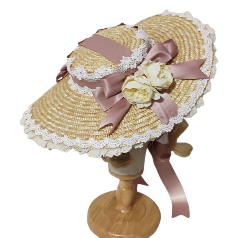 Japanese Lolita Sweet Handmade Straw Sun Hat Lace Patchwork Ribbon Bandage Bowknot Wide Brim Tea Party Flat Cap