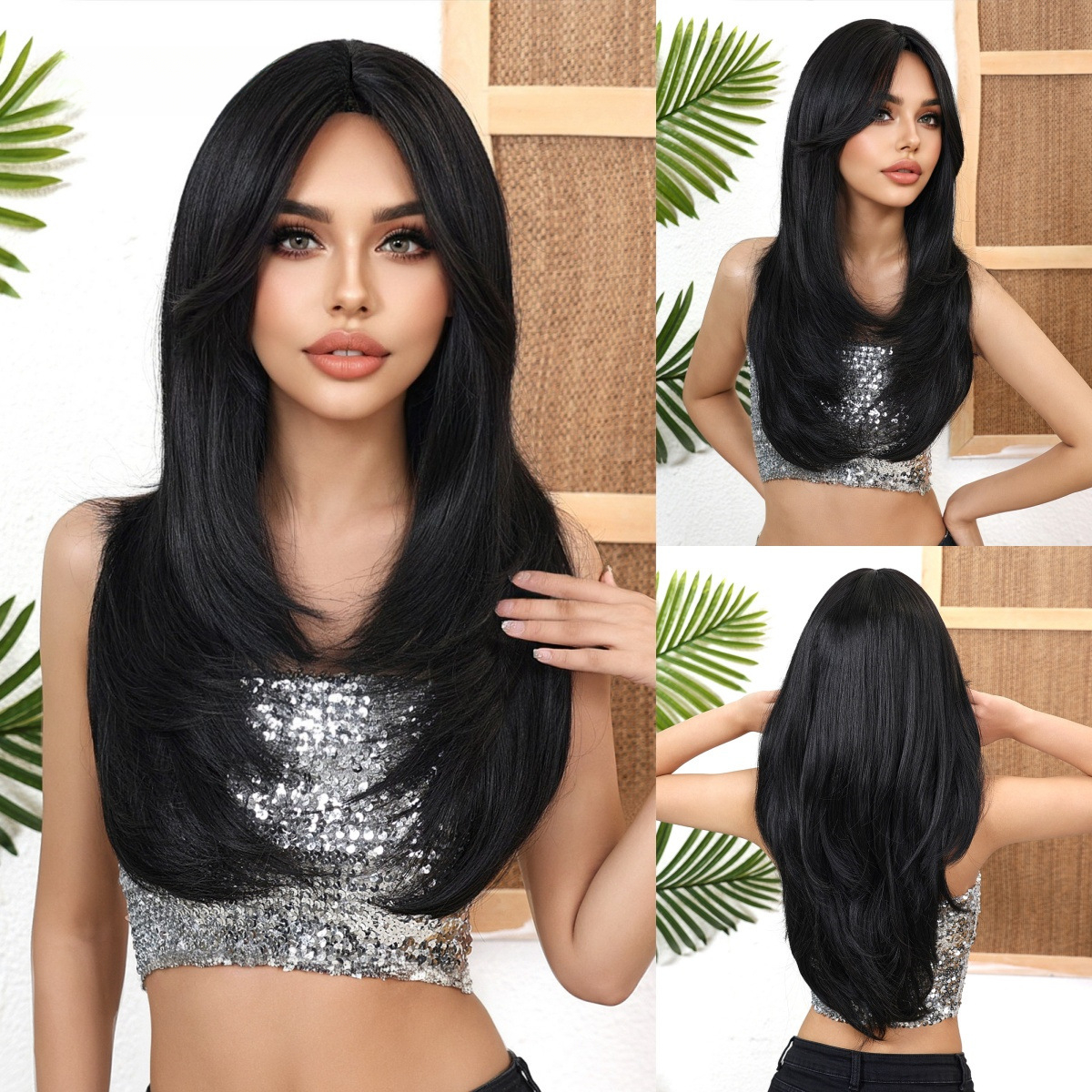 Producto, pelo largo negro natural con flequillo de ocho caracteres, peluca microenrollada para mujer, redecilla sintética transpirable: Plata