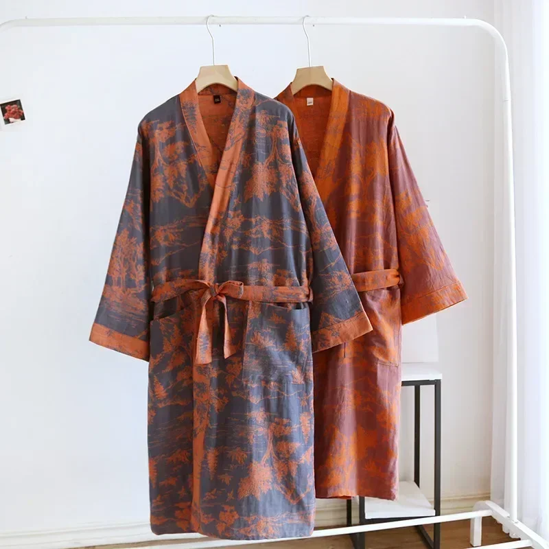 Damen-Bademantel aus bedruckter Baumwolle, Schließfach sitzender Bademantel, japanischer Stil, zum Binden, Kimono-Bademantel, schweißdampfende Baumwollpyjamas, Roben für Damen