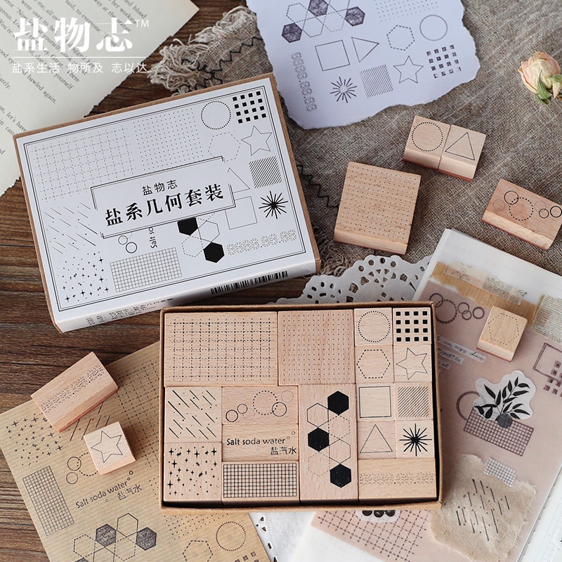 17 st/set vintage geometrisk rund rutnät stämpel diy trä gummistämplar för scrapbooking pappersvaror scrapbooking standard stämpel