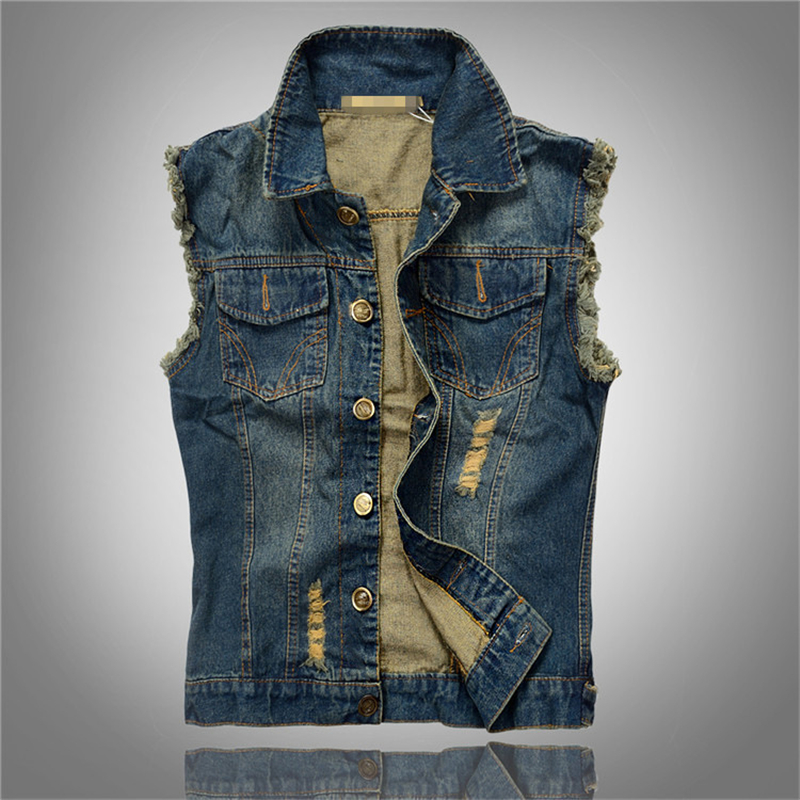 Vintage 80s hommes Denim gilet homme sans manches coton doux confortable vestes trou jean gilet 6XL: Bleu / XXL