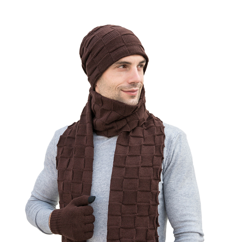 Conjunto de guantes de punto para hombre y mujer, gorros Unisex, sombrero, anillo, bufanda, gorro grueso y cálido, Retro, sólido, suave, , Invierno: coffee