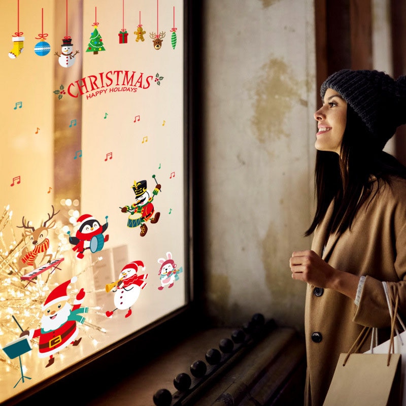 dubbelzijdig Kerstversiering cartoon etalage glas deuren woonkamer Happy Christmas decoratieve muurstickers