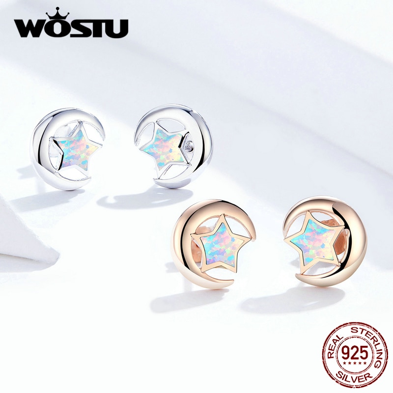 Wostu 925 Sterling Zilver Kleurrijke Star Opal Rose Gold Stud Oorbellen Voor Vrouwen Wedding Oorbellen 925 Sieraden CQE816-C