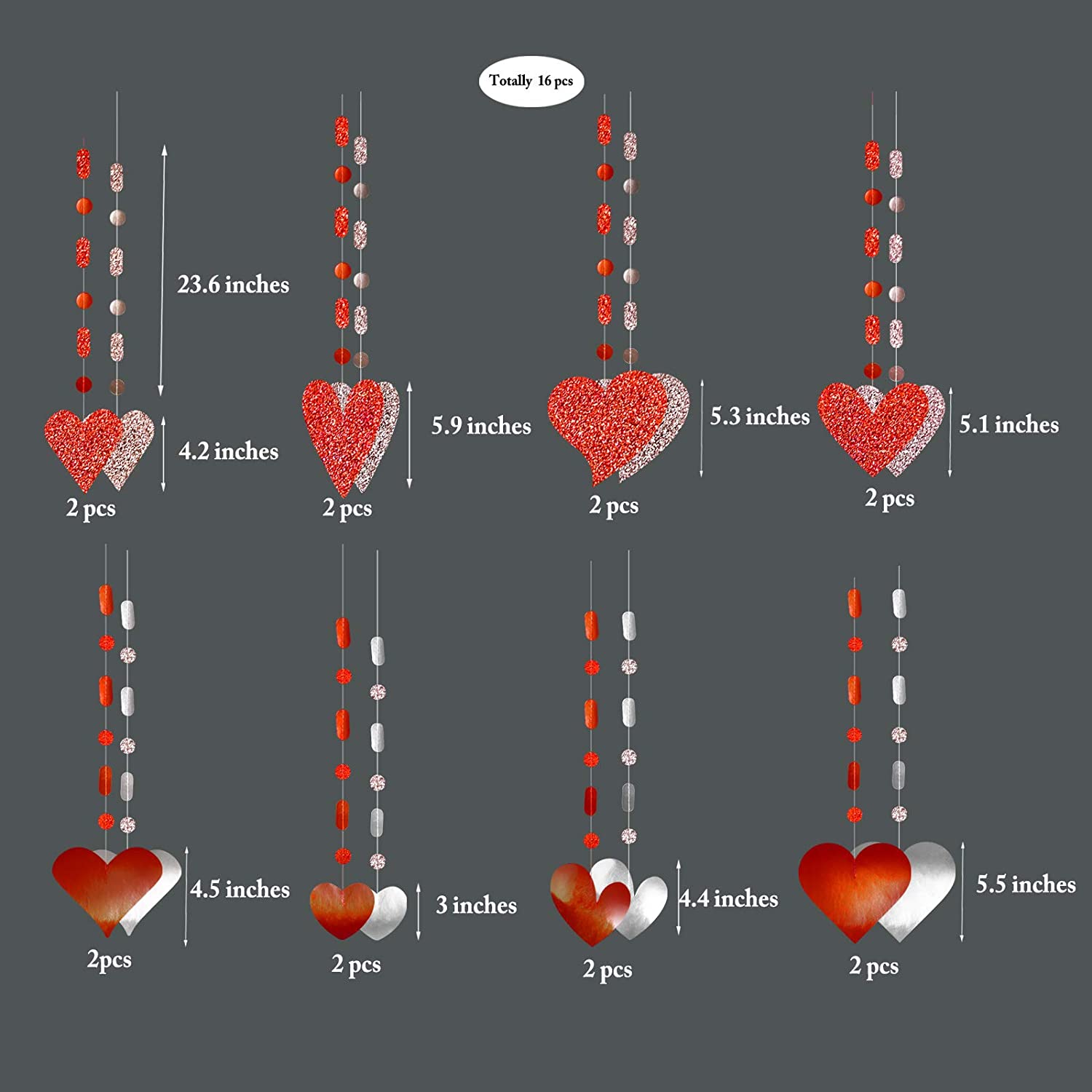 Guirlande décorative en forme de cœur rouge, 16 pièces, banderole suspendue en forme de cœur, pour un arrière-plan de mariage, pour la saint-valentin: Red Silver