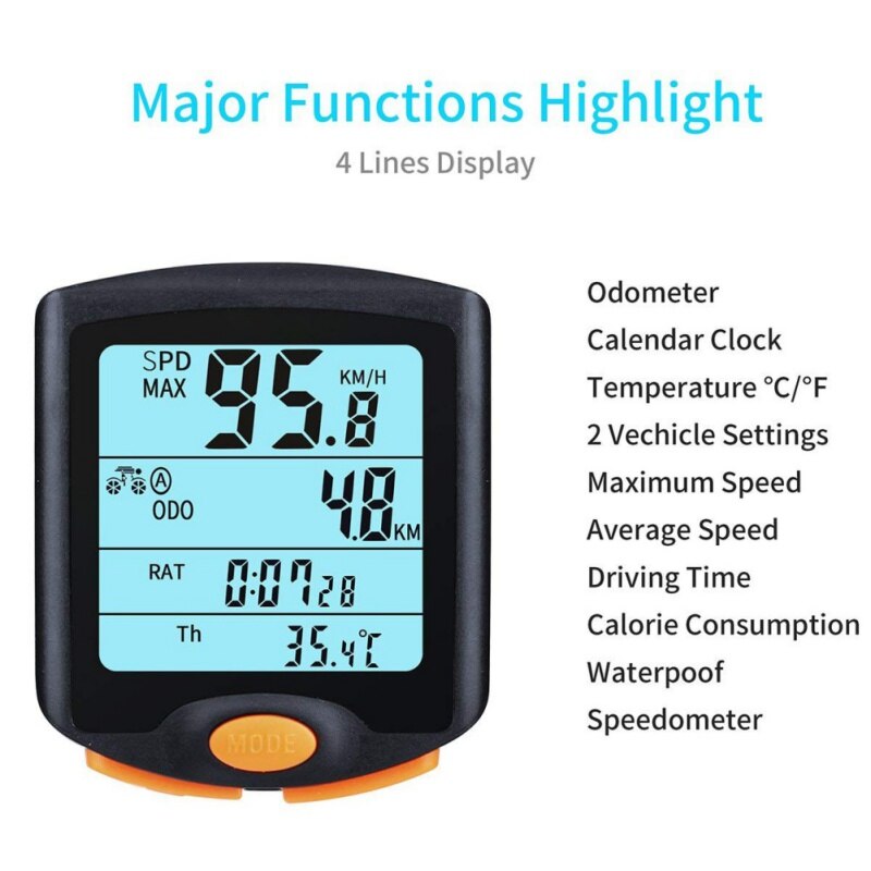 Cykel computer cykel speedometer cykel kilometertæller fart alarm stopur multifunktion vandtæt 4 linjers display lcd
