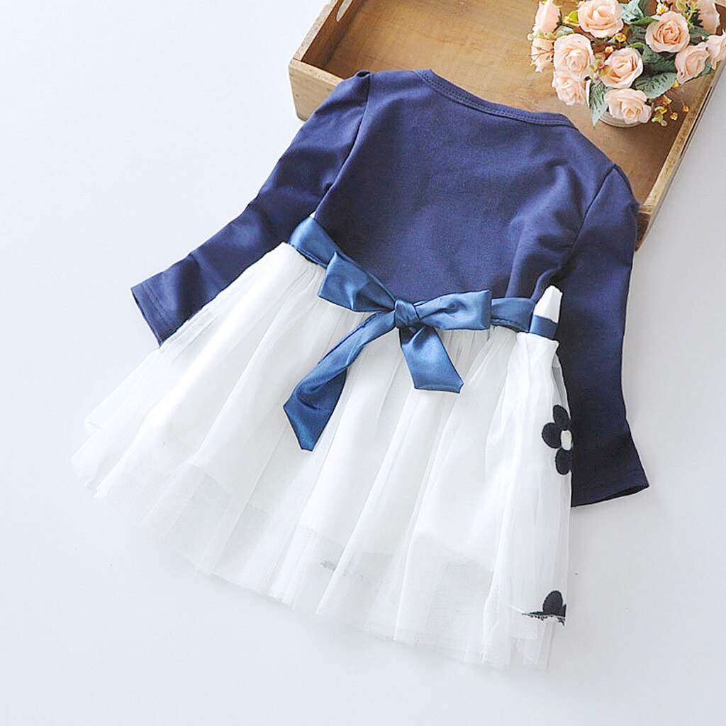 Autumn Newborn Infant Baby Dress Cotton Dress Toddler Kids Baby Girls Long Sleeve Tulle Patchwork Flower Bow Dresses Clothes