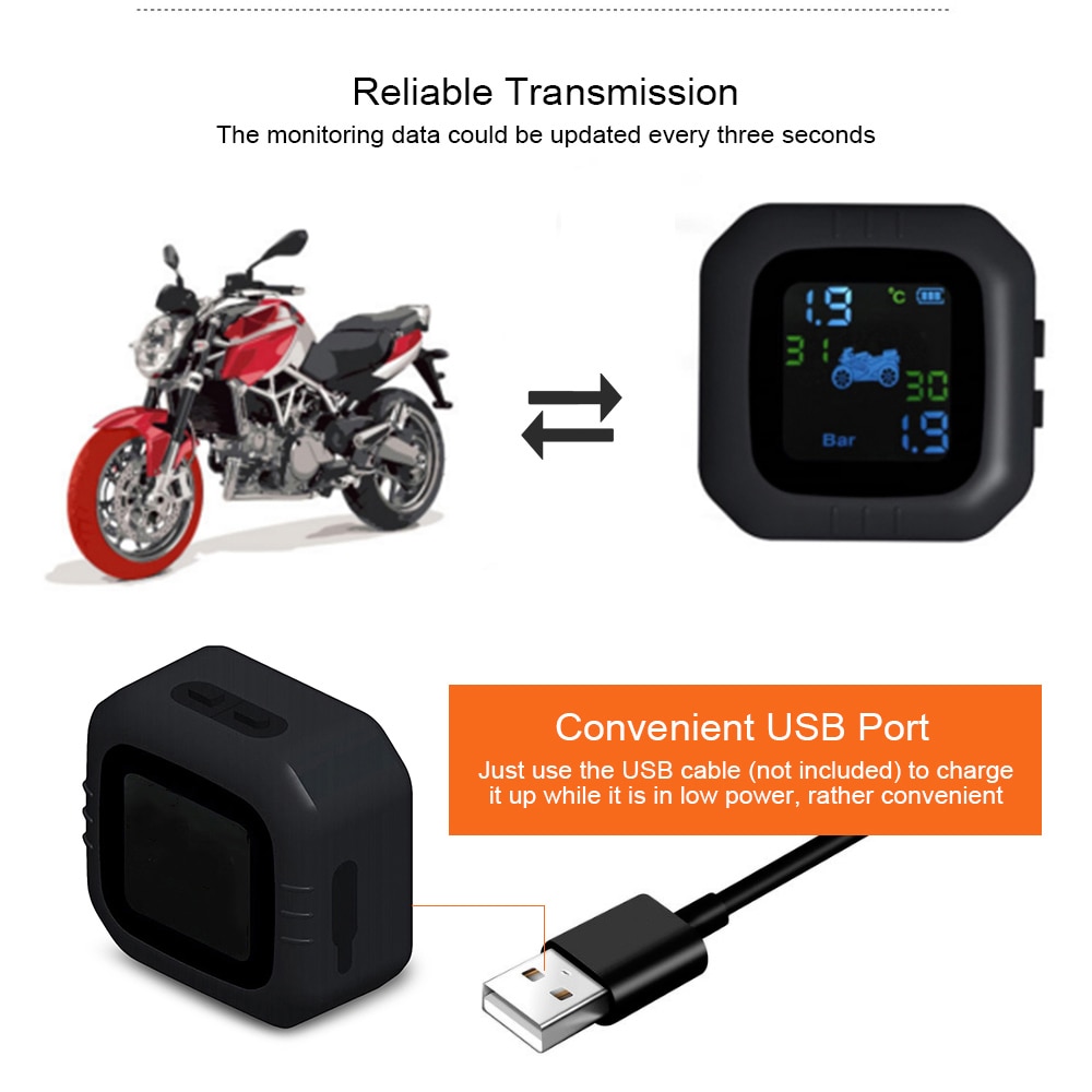Wireless LCD Motorcycle Tire Pressure Monitoring System TPMS 2External Sensor Realtime Monitor Abnormal Alarm Moto Tyre Tool PSI