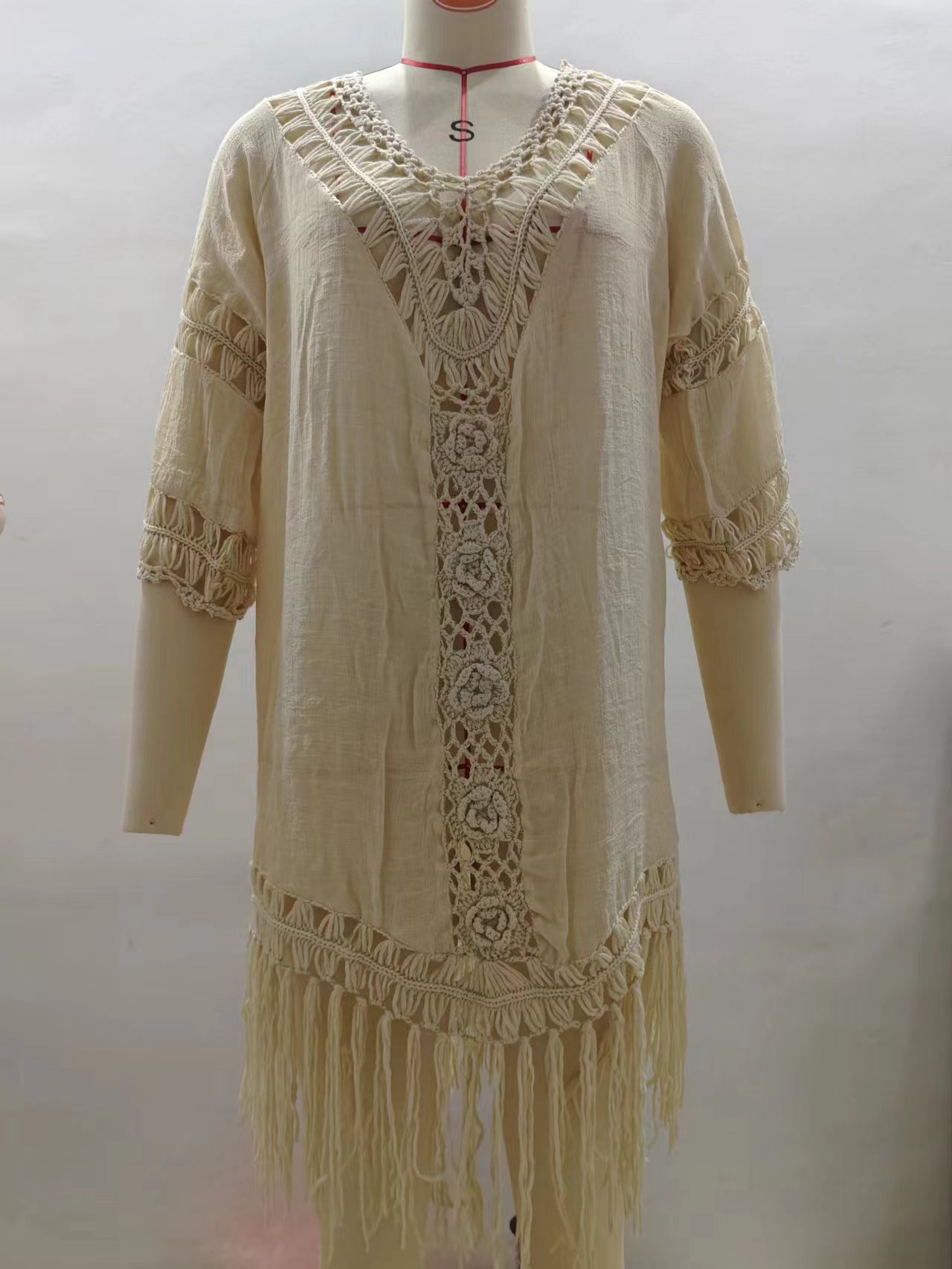 CROCHET BIKINI Summer Women Bikini Cover Up Floral Lace Hollow Swimsuit Cover-Ups Bathing Suit Beachwear Tunic Beach Dress: Beige