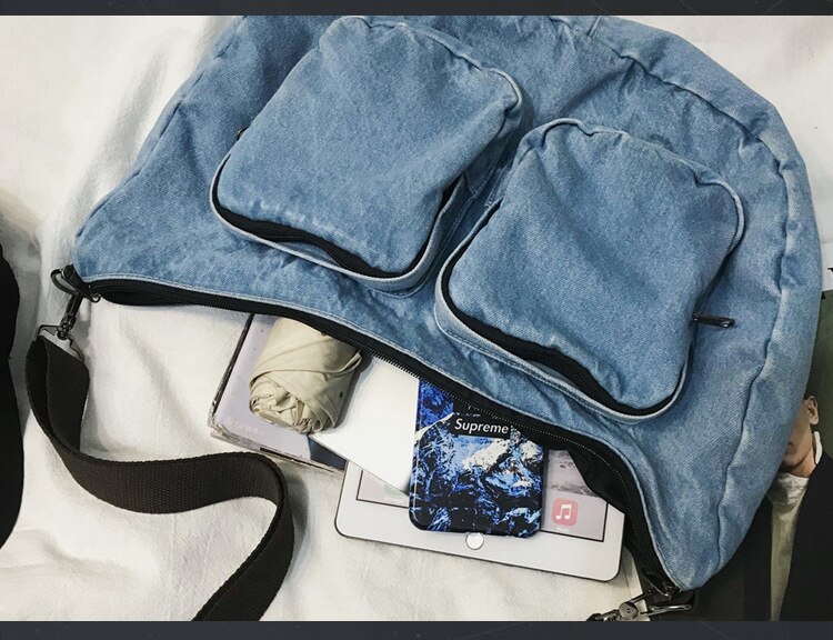 Vintage Denim Fabric Big Capacity Handbag Women Teen Korean Retro Chic Jean Pockets Washed Blue Slouch Messenger Bag