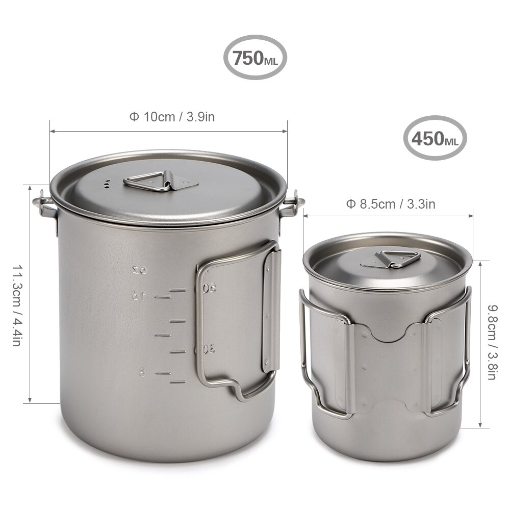 450ml 750ml kopper sett ultralett titan kopp hengende pottesett utendørs bærbar vannkopp sammenleggbart håndtak høyt: 450ml kopp 750ml gryte