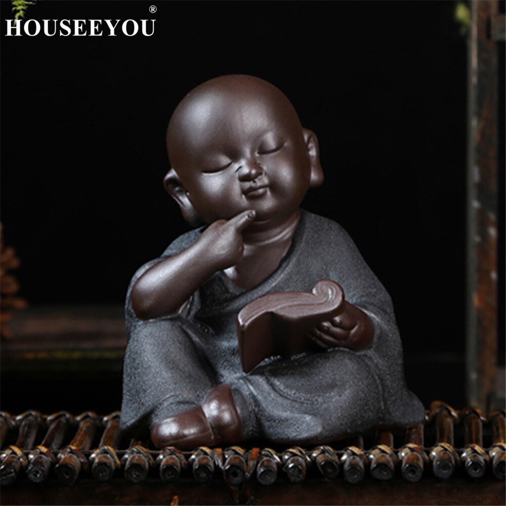 Utsøkte sittende munker kung fu te kjæledyr ornamenter lilla sand tebakke små buddha statuer skulpturer te tilbehør sett