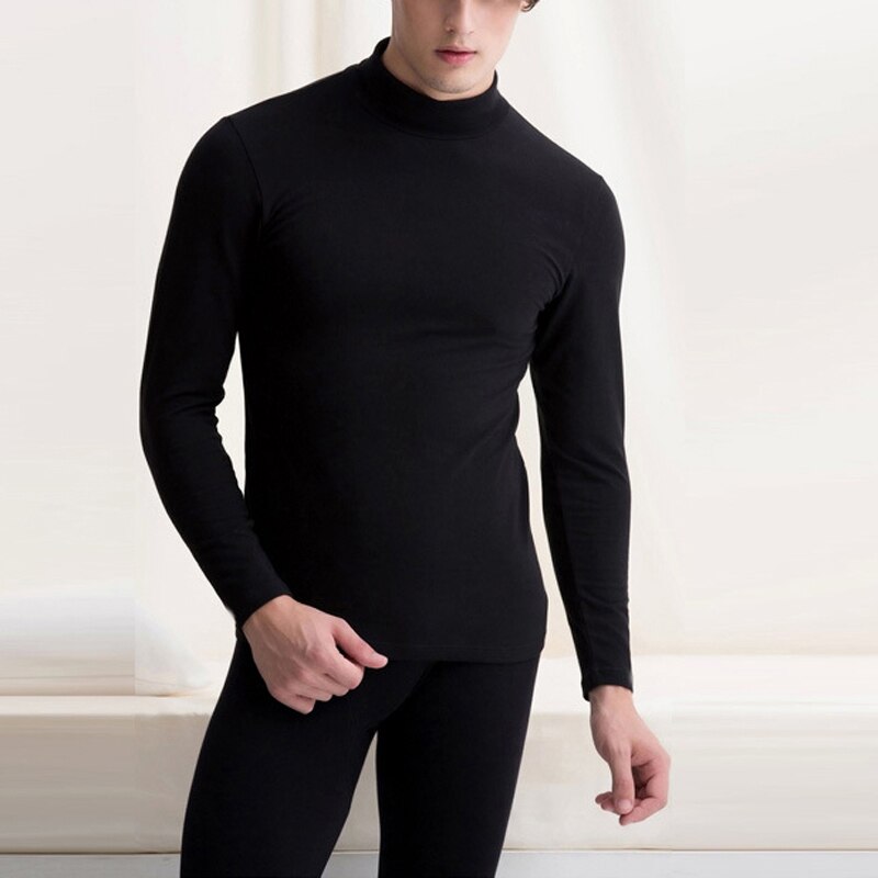 Mandlige termiske undertøj mænd lange efterår vinter turtleneck toppe + bukser sæt varme tykke toppe plus størrelse l -2x: Sort / Xxl