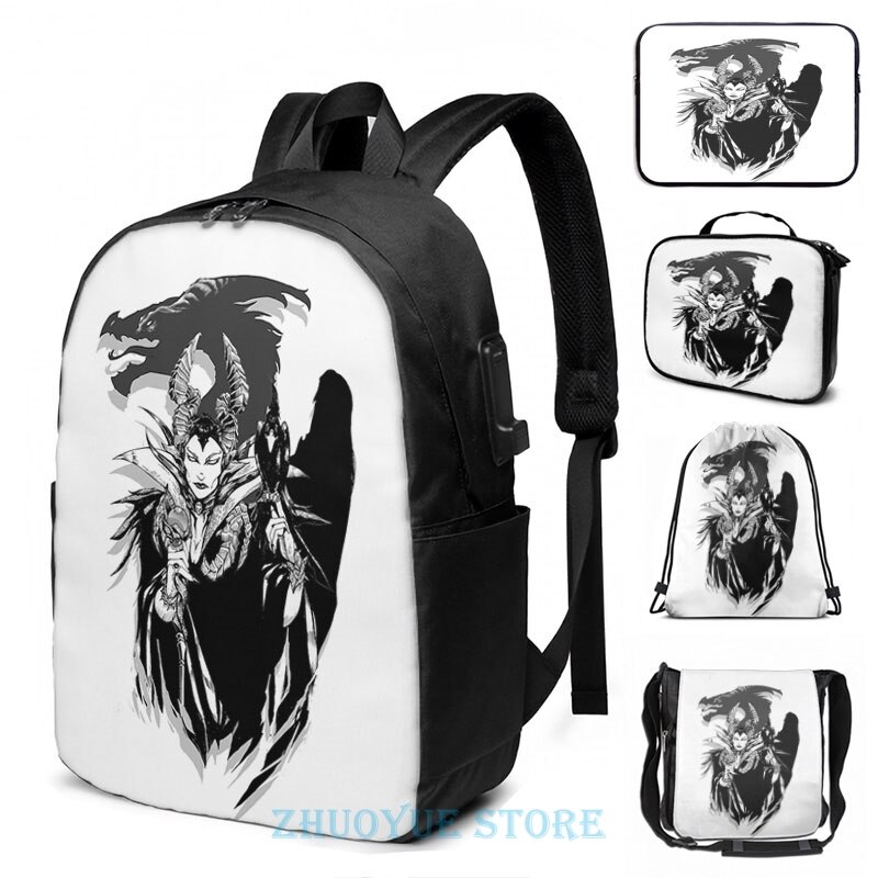 Mochila con estampado gráfico maléfica, mochila con carga USB para hombre, mochilas escolares para mujer, bolsa de viaje para ordenador portátil