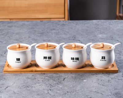 Smuk sukkerskål hjemmekøkken 4 in 1 sæt keramik salt krydderi krukker med 4 skeer sorte ord kan fjernes: Design 5