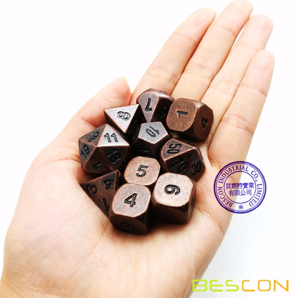 Bescon 10 Stuks Set Antieke Koperen Solide Metalen Polyhedral D & D Dobbelstenen Set, oude Koperen Metalen Rpg Rol Playing Game Dobbelstenen 7 + 3 Extra D6s'