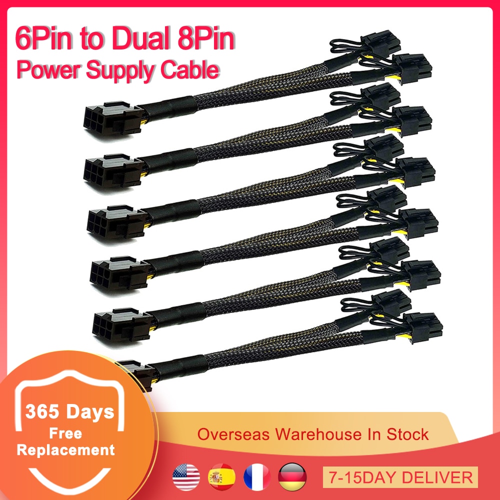 6 stk 6 pin til dual 8 pin strømforsyningskabel pcie pci -e 6 pin til dual 8 pin grafikkort kabel splitter til btc eth mining miner