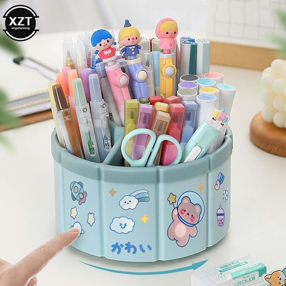 Soporte de bolígrafo giratorio de 360 °, caja de almacenamiento de lápices bonita de gran capacidad, organizador de escritorio, papelería escolar y de oficina, 6 compartimentos