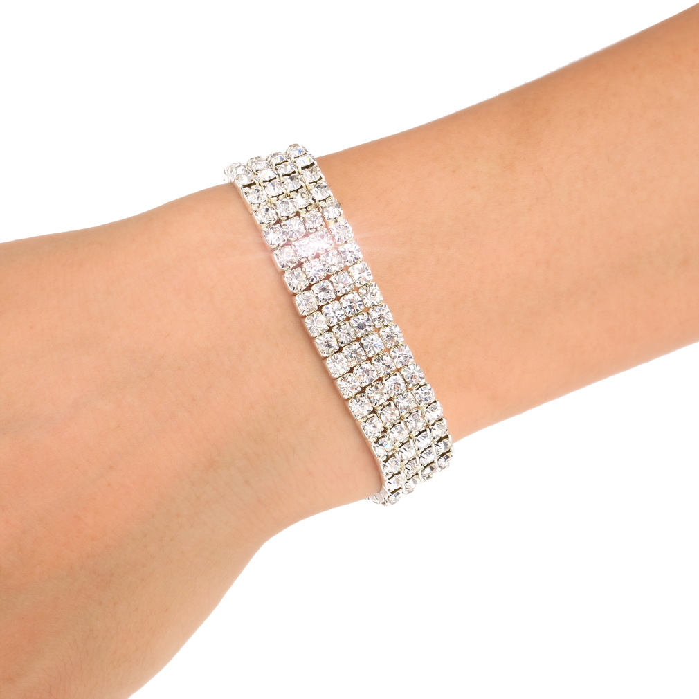 4 Row Stretch Clear Rhinestone Crystal Bridal Bracelets Bangles Wedding Party Jewelry Accessories for Women