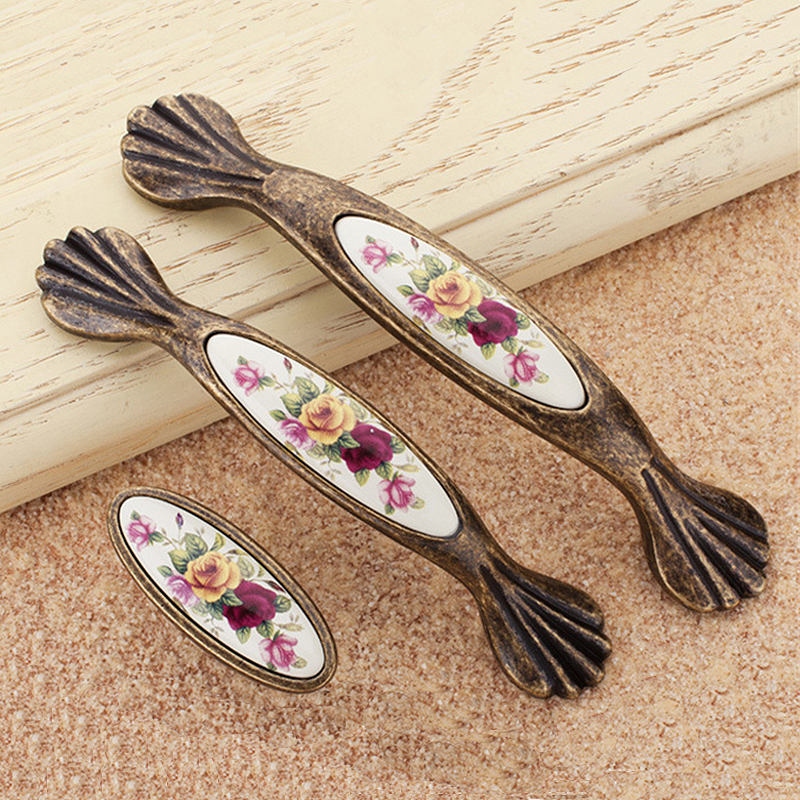 Alloy Knobs Vintage Rural Flower White Bronze Ceramic For 8 Sizes Cabinet Cupboard Kitchen Accessories Door Handles