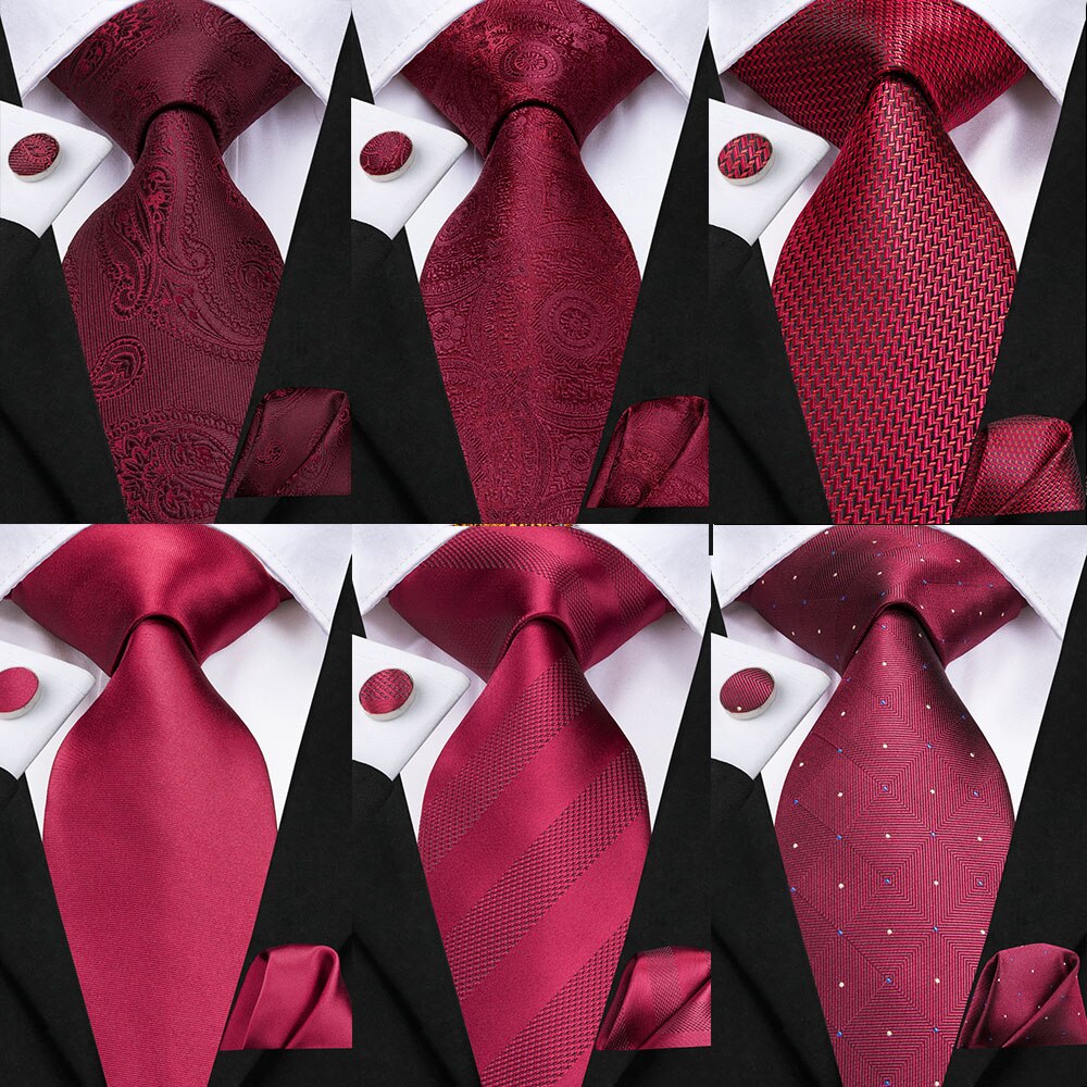 Hi-Tie Heren Cadeau Stropdas Set Rode Wijn Bordeaux Paisley Zijden Bruiloft Stropdas Voor Mannen Hanky manchetknoop