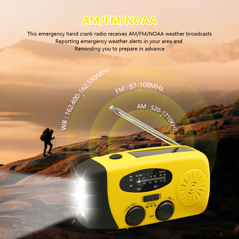 Radio portátil de emergencia, manivela Solar de 2000mAh, cargador de teléfono móvil, Radio AM/FM, linterna LED, luz nocturna para interiores y exteriores