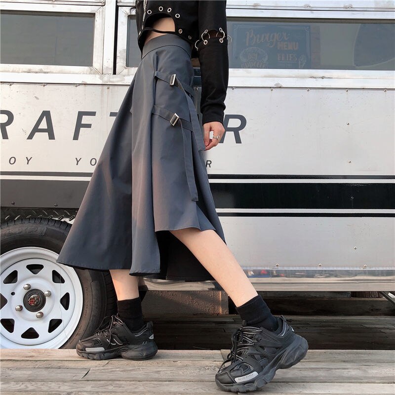 Japansk stil gotisk kimono retro gotisk punk kvinner menn høy midje svart lange bukser årgang harajuku kult streetwear: Grå / M