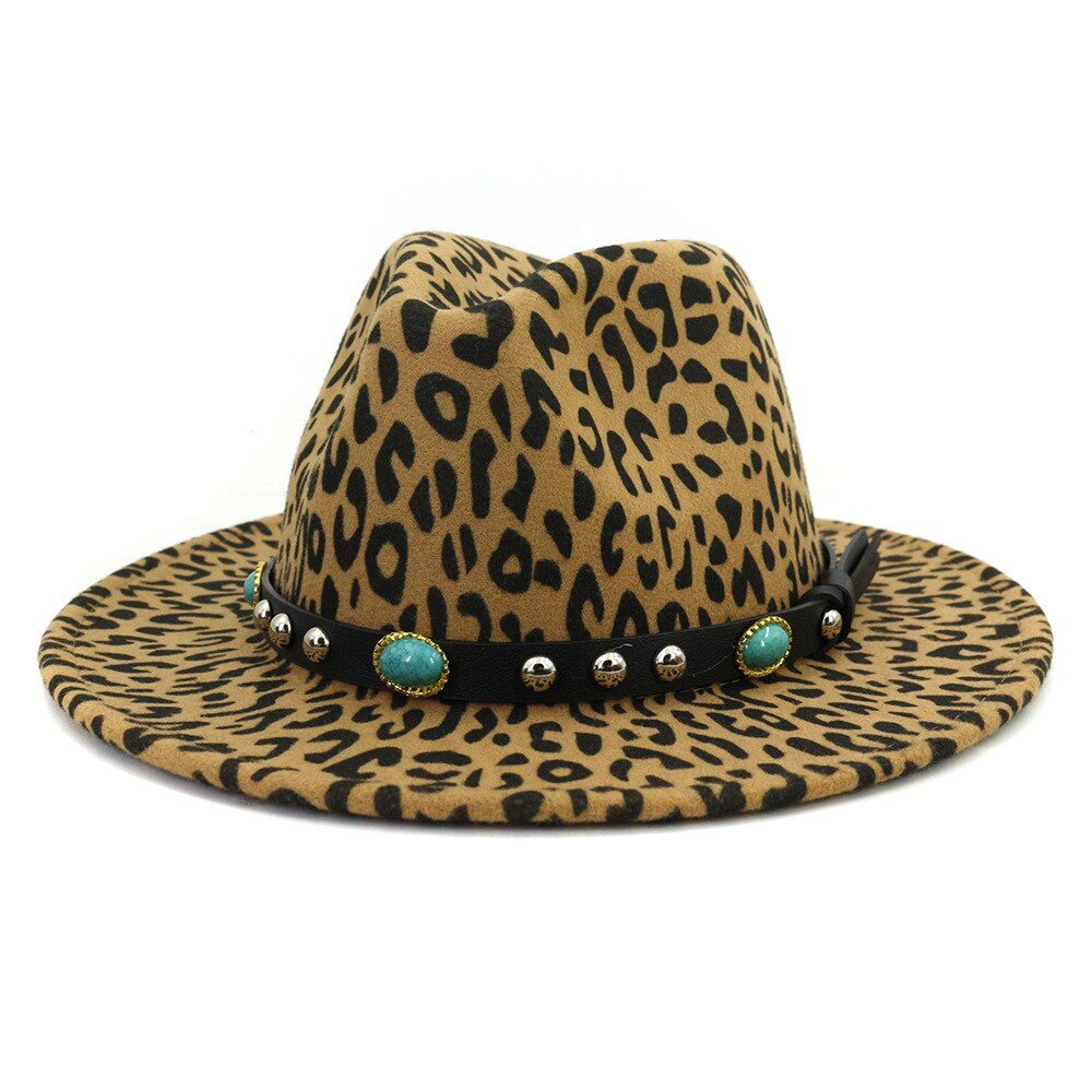 Qbhat unisex europeisk stil dam ull fedorahattar med turkos läder band bred brätte leopardmönstrad jazz filt hatt: Kamel