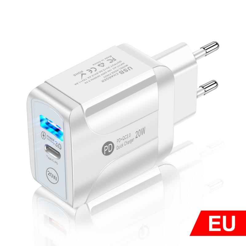 PD20W+QC3.0 Fast Charging Charger For IPhone12 Dual Port Charger IPhone 12 11 Pro XR XS Max 6 7 8 IPad Huawei Xiaomi Samsung: EU Plug white