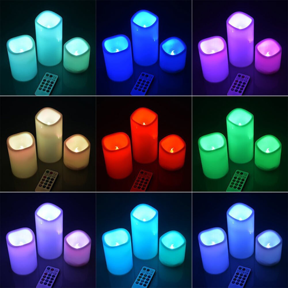 3 stk flammeløse elektriske stearinlys farverige led-lys med fjernbetjening til bryllupsfester hjemmeindretning