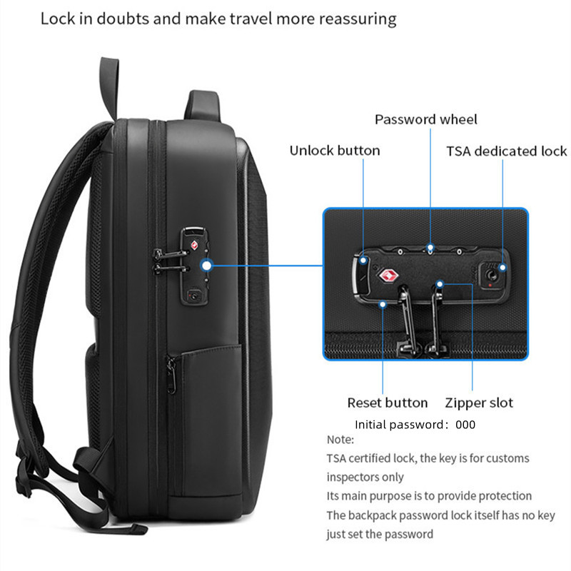 Men's 15.6 inch Laptop Backpack Expandable Travel Bag Waterproof Anti-theft Business Backpack USB Charging ABS Hard Shell Bag