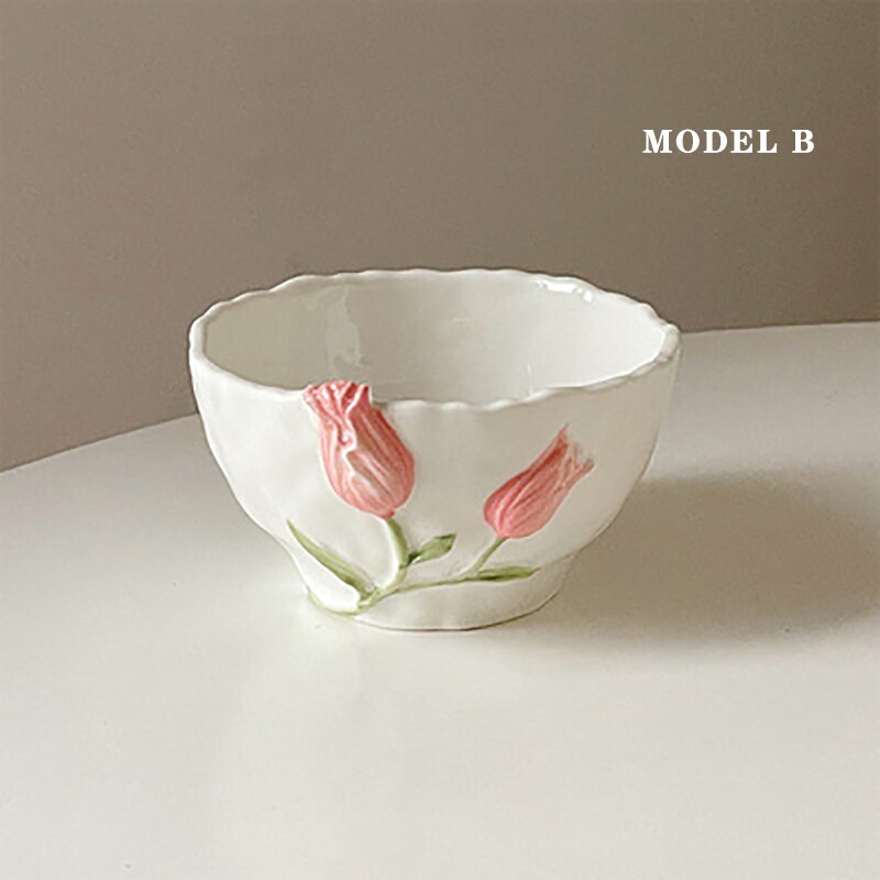 Tulip Ceramic Cutlery Cup Bowl Dessert Plate Embossed Three-dimensional 6inch Bowl Salad Bowl Milk Mug Home Dinnerware Set 1pcs: B