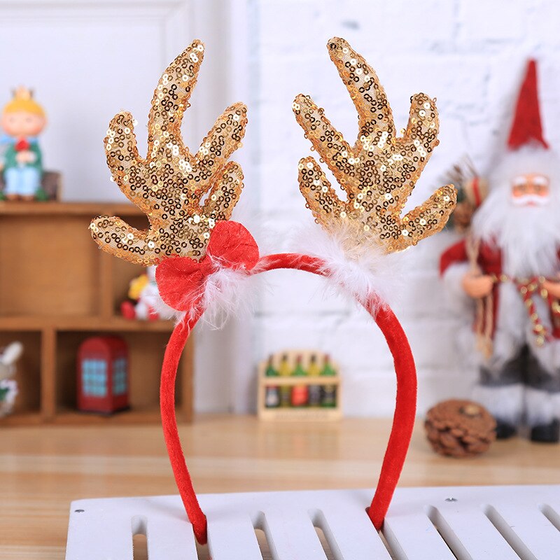 Kerst hoofdband schattige rendierhoorns dames meisjes elanden gewei haarband jaar decoraties grote geweien met strik gouden pailletten: 1
