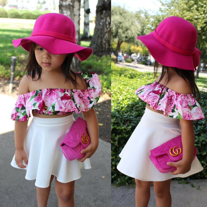 Set van 2 zomerkleding voor peuters en meisjes, een off-shoulder topje, rokje en jurkje