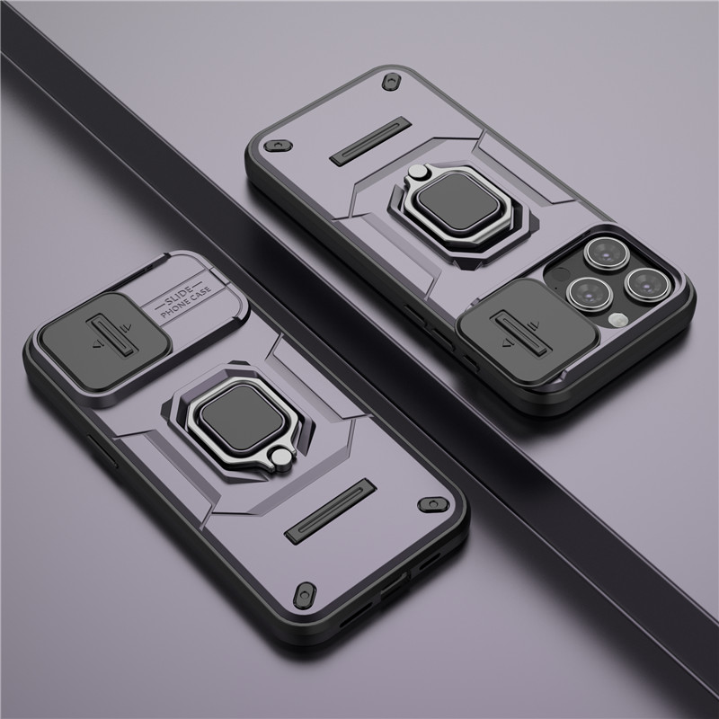 For iPhone 15 Pro Max Cover iPhone 13 14 15 Pro Max Case Lens Sliding Window Protector Armor Shockproof Holder Magnetic Bumper: Artificial leather / PURPLE