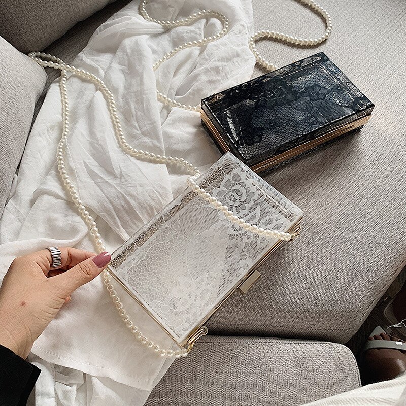 Lace Print Transparent Women Bag Acrylic Box Brand Ladies Evening Dress Portable Messenger Bag Wedding Female Clutch Bag