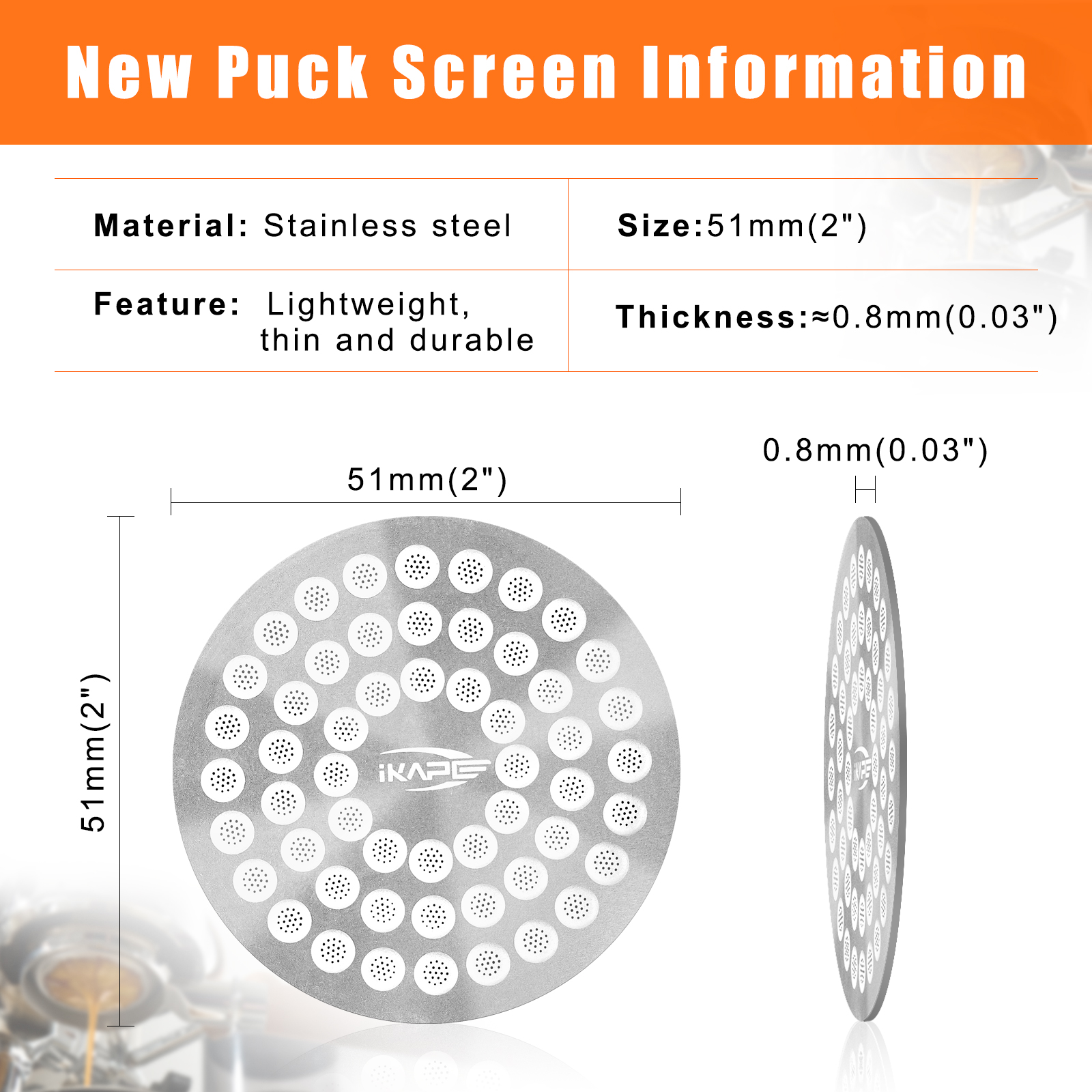 IKAPE Espresso Puck Screen V2 0.8mm, Food-grade 304 Stainless Steel Coffee Puck Screen-Ultra-thin, Resusable Ground Filter: Dull