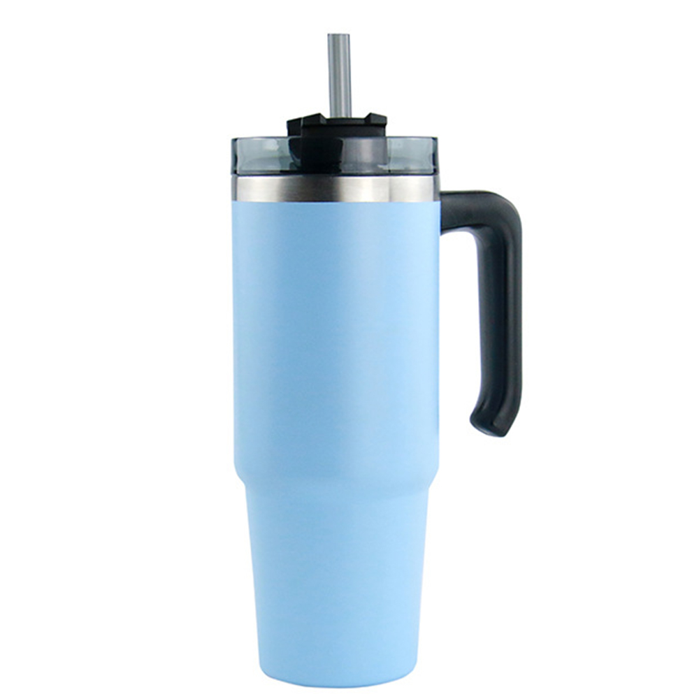 20oz/30oz Stainless Steel Thermos Cup With Straw Coffee Cup Thermal Insulation Ice Cup Car Cup Water Cup With Handle: 20 oz Light Blue