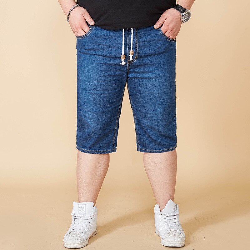 Herren Plus Größe Sommer Elastische Taille strecken Jeans Knie Länge Kordelzug Schlauch ausgebeult Kurze Hosen Roupa Masculina