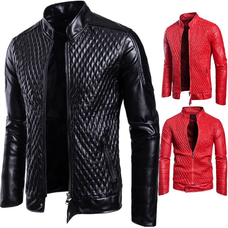 Nueva chaquetas de cuero rojo para hombre Abrigos de cuello alto diamante entramado motocicleta PU prendas de vestir exteriores para hombre chaqueta de abrigo de ropa