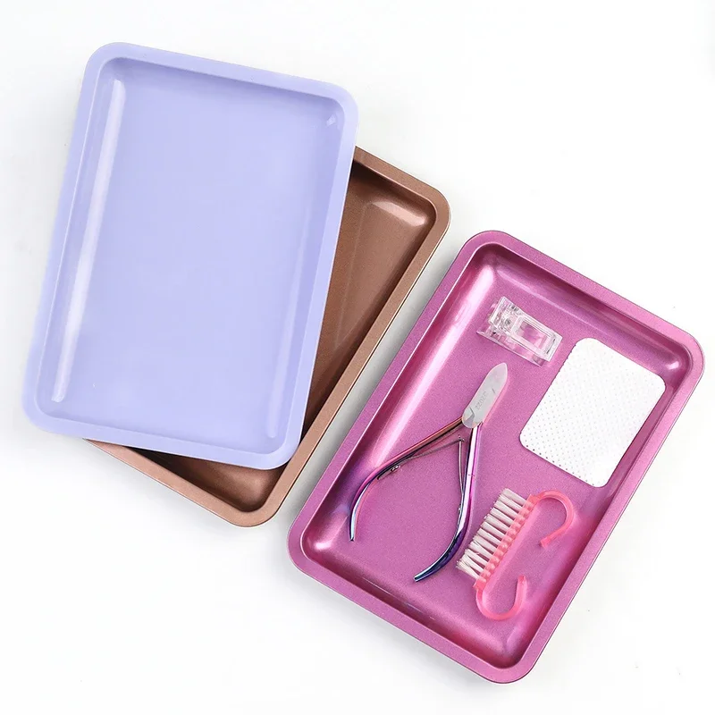 Bandeja de almacenamiento de cosméticos de acero inoxidable, placa para manicura, pinzas, cortaúñas, contenedor de bolígrafos, herramientas cuadradas para uñas postizas