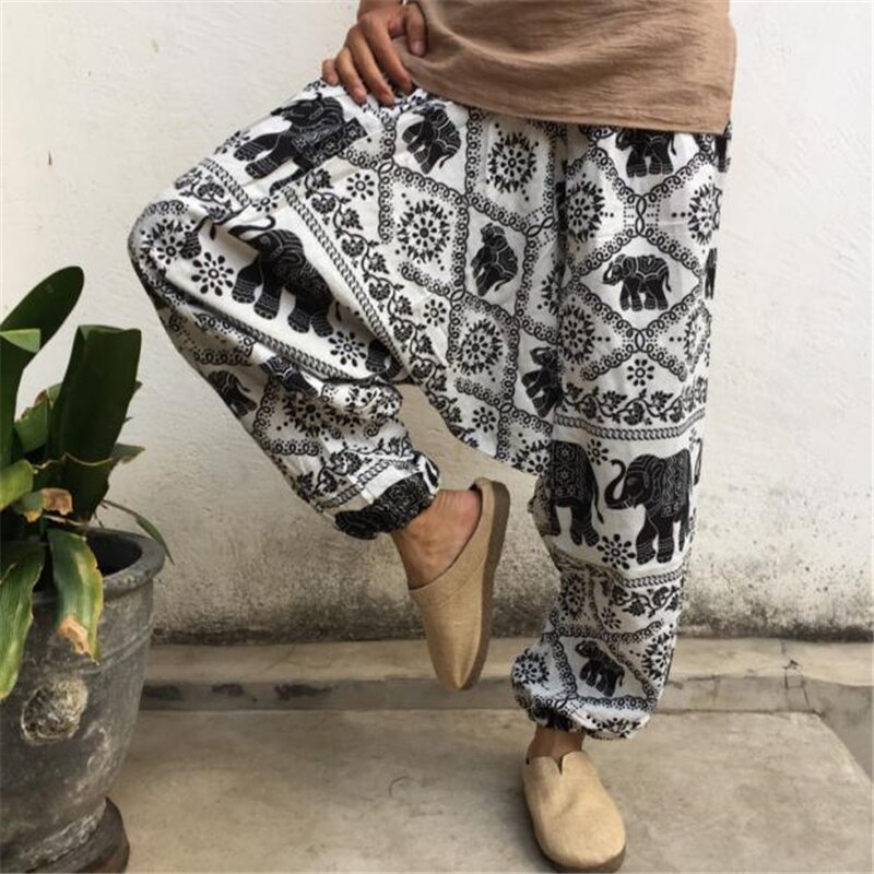 Zomer herenbroek bloomer etnische stijl thaise katoen en linnen dansbroek losse dongba broek nepalese broek met groot kruis: Witte olifant