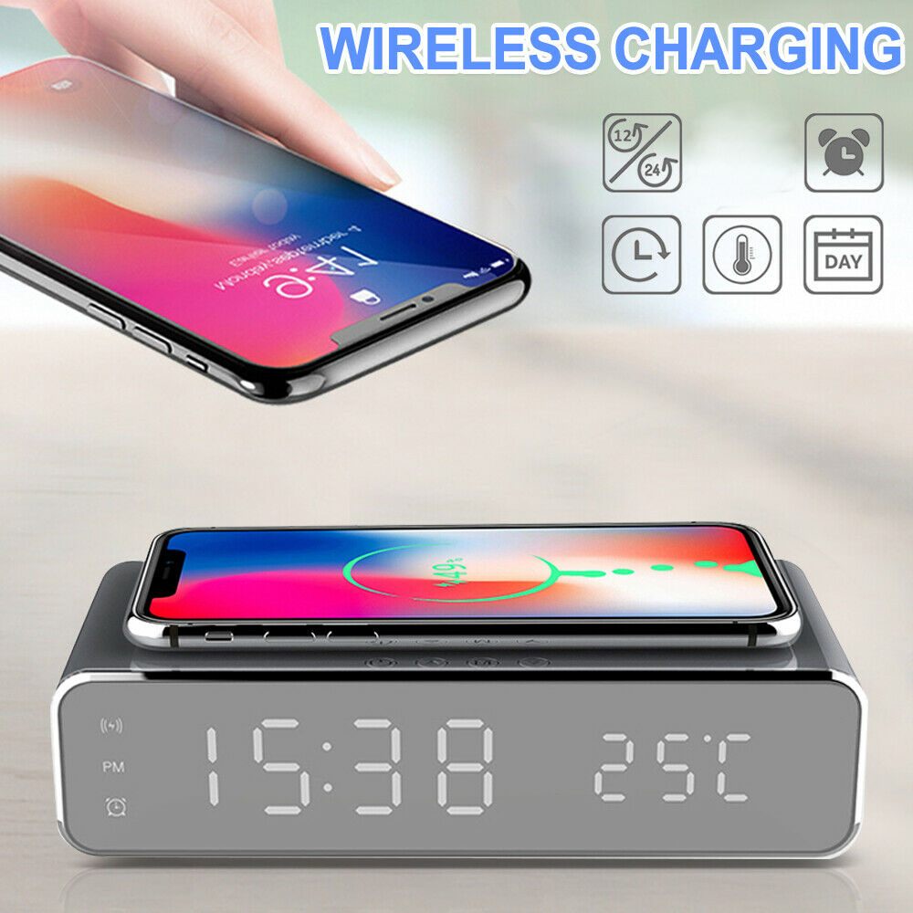 Electric LED Alarm Clock With Phone Wireless Charger Desktop Digital Thermometer Clock HD Mirror Clock With Date 12/24 H Switch
