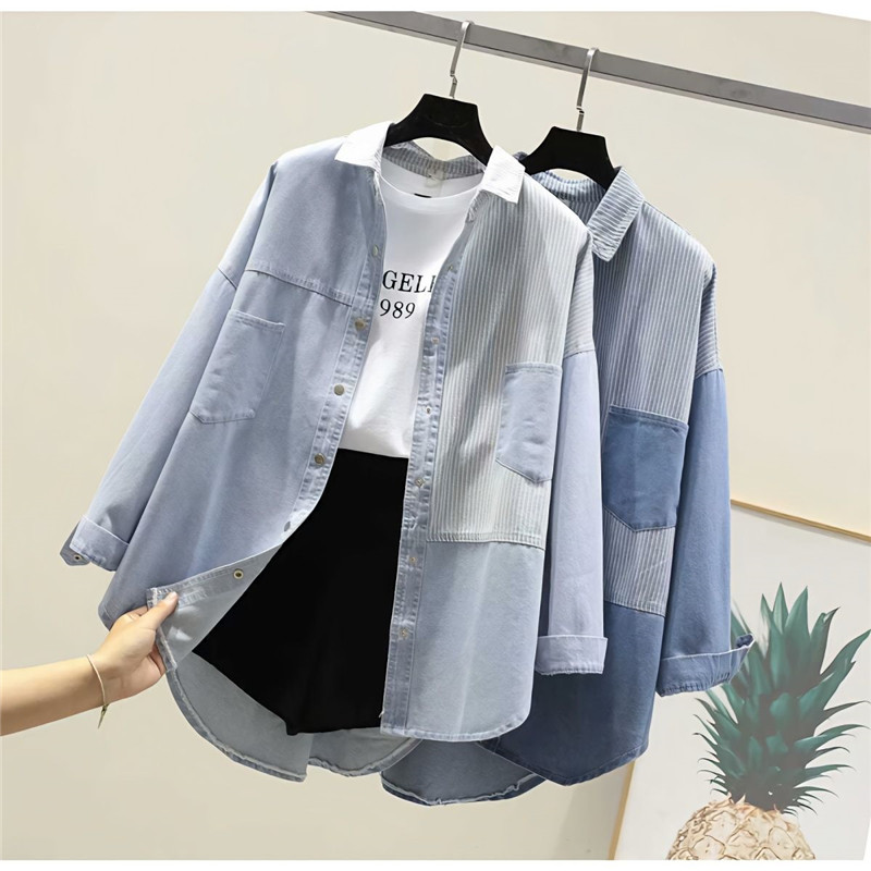 Splicing denim skjorte damefrakke forår efterår koreansk cowboyjakke løs langærmet lette jeans overtøj dametoppe