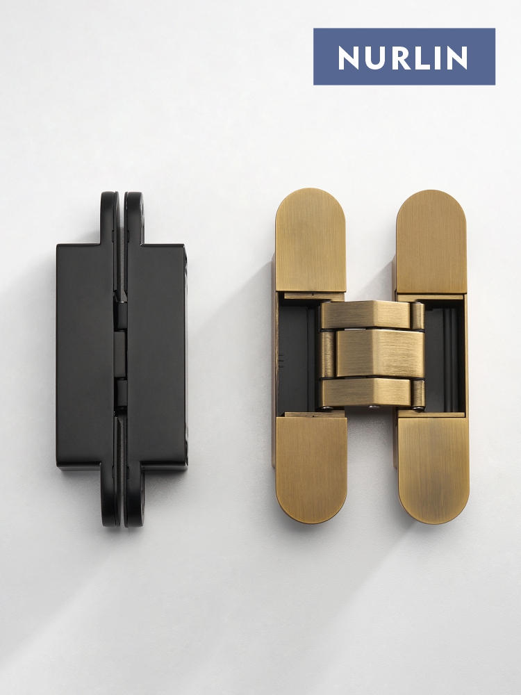 Nurlin unsichtbare Türscharniere, 3D-verstellbare verdeckte Scharniere, glänzendes Gold, Schwarz, helles Chrom, Zinklegierung, Stoßscharnier, robust